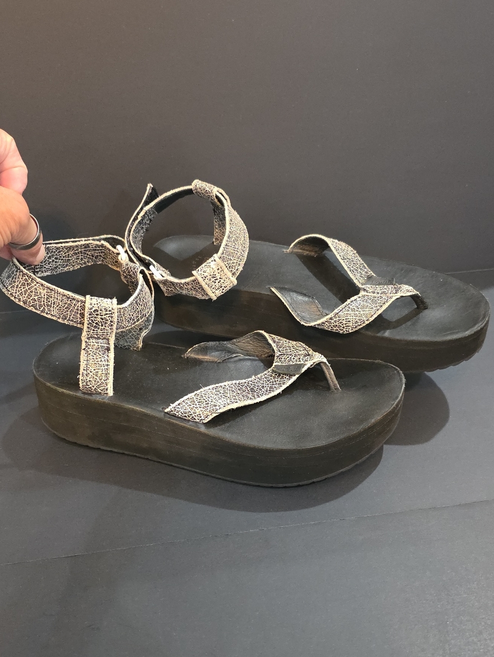 Teva Women's Crackle Beige and Black Platform Sandals Size 10